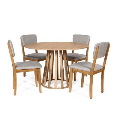 Mesa De Jantar Redonda Gabi Jade Com 4 Cadeiras Estofadas Ella Cinza Claro