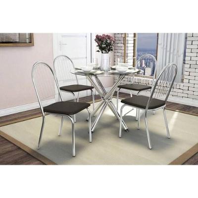 Sala de Jantar Completa Volga C/ Tampo Vidro 95cm + 4 Cadeiras Noruega Cromado Courano Marrom