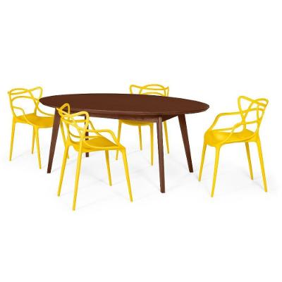 Conjunto Mesa De Jantar Oval Vértice Nozes 190Cm Com 4 Cadeiras Allegra - Amarelo
