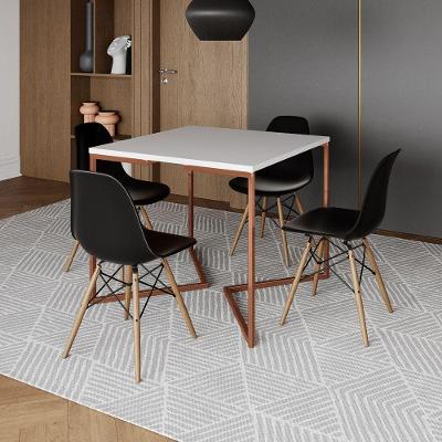 Mesa Industrial Jantar Quadrada Branca 90X90Cm Base Cobre V Com 4 Cadeiras Pretas Madei Branco