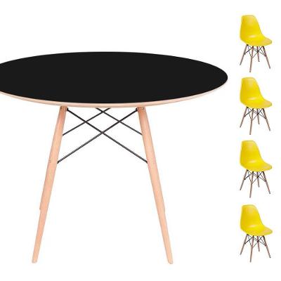 Conjunto Mesa Redonda Preta 120cm + 4 Cadeiras Amarela