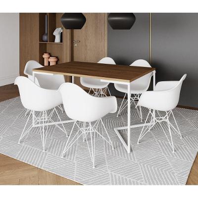 Mesa Industrial Jantar Amêndoa 137X90Cm Base V Com 6 Poltronas Brancas Ferro Branco Amendoa