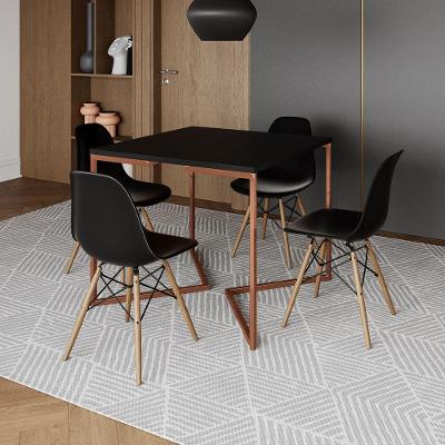 Mesa Industrial Jantar Quadrada Preta 90X90Cm Base Cobre V Com 4 Cadeiras Pretas Madeir Preto