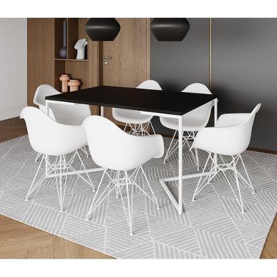Mesa Industrial Jantar Preta 137X90Cm Base V Com 6 Poltronas Brancas Ferro Branco Preto