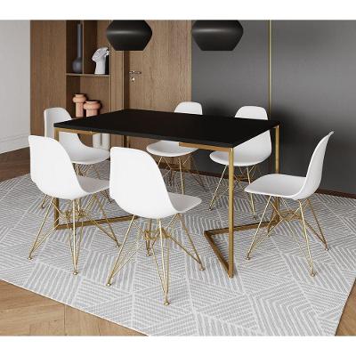 Mesa Jantar Industrial Retangular 137X90Cm Preta Base V Com 6 Cadeiras Brancas Base Dou Cor: Preto
