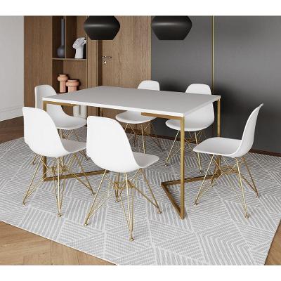 Mesa Jantar Industrial Retangular 137X90Cm Branca Base V Com 6 Cadeiras Brancas Base Do Cor: Branco