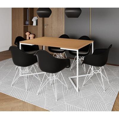 Mesa Industrial Jantar Canela 137X90Cm Base V Com 6 Poltronas Pretas Ferro Branco Canela