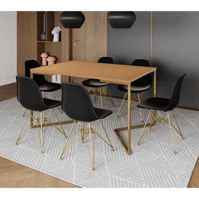 Mesa Jantar Industrial Retangular 137X90Cm Canela Base V Com 6 Cadeiras Pretas Base Dou Cor: Canela