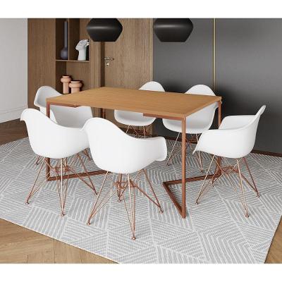 Mesa Industrial Jantar Canela 137X90Cm Base Cobre V Com 6 Poltronas Brancas Base Cobre Cobre