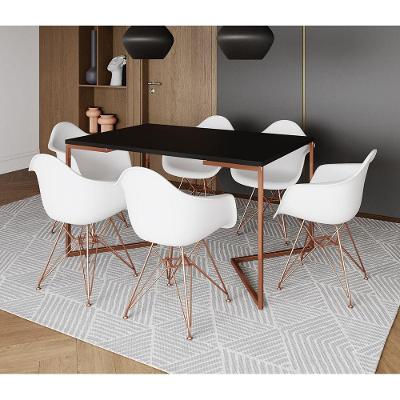 Mesa Industrial Jantar Preta 137X90Cm Base Cobre V Com 6 Poltronas Brancas Base Cobre Preto