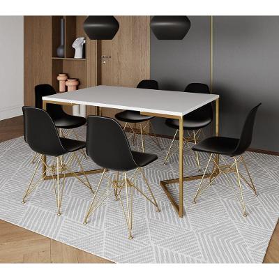 Mesa Jantar Industrial Retangular 137X90Cm Branca Base V Com 6 Cadeiras Pretas Base Dou Cor: Branco