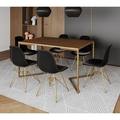 Mesa Jantar Industrial Retangular 137X90Cm Amêndoa Base V C/6 Cadeiras Pretas Base Do Cor: Amendoa