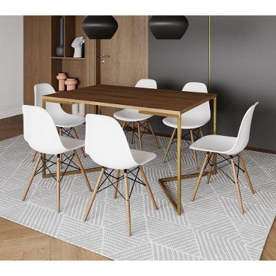 Mesa Jantar Industrial Retangular 137X90Cm Amêndoa Base V Dourada C/6 Cadeiras Madeir Cor: Amendoa