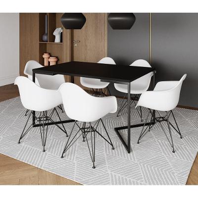 Mesa Industrial Jantar Retangular Preta 137X90Cm Base V Com 6 Poltronas Brancas Ferro P Preto