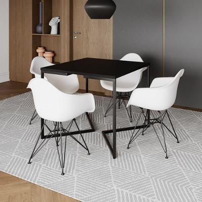 Mesa Industrial Jantar Quadrada Preta 90Cm Base V Com 4 Poltronas Brancas Ferro Preto Preto