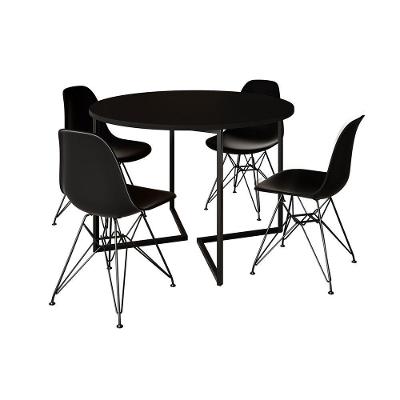 Mesa Industrial Jantar Redonda Preta 110Cm Base V Com 4 Cadeiras Eames Pretas Ferro Preto Preto