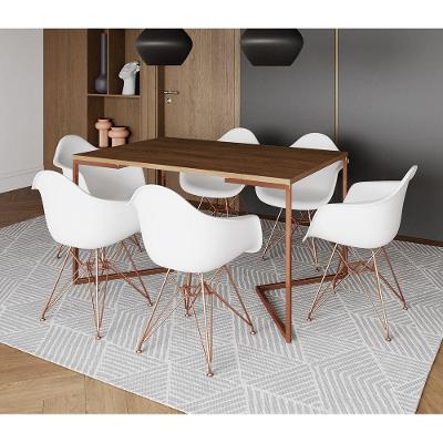 Mesa Industrial Jantar Amêndoa 137X90Cm Base Cobre V Com 6 Poltronas Brancas Base Cobre Cobre