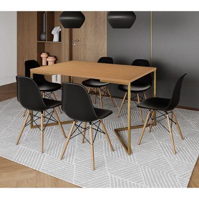 Mesa Jantar Industrial Retangular 137X90Cm Canela Base V Dourada Com 6 Cadeiras Madeira Cor: Canela