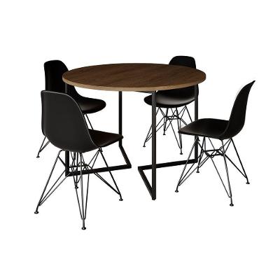 Mesa Industrial Jantar Redonda Amêndoa 110Cm Base V Com 4 Cadeiras Eames Pretas Ferro Preto Amendoa