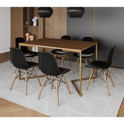 Mesa Jantar Industrial Retangular 137X90Cm Amêndoa Base V Dourada C/6 Cadeiras Madeir Cor: Amendoa