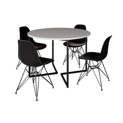 Mesa Industrial Jantar Redonda Branca 110Cm Base V Com 4 Cadeiras Eames Pretas Ferro Preto Branco