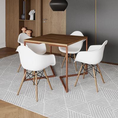 Mesa Industrial Jantar Amêndoa Quadrada 90Cm Base Cobre V Com 4 Poltronas Brancas Madei Amendoa