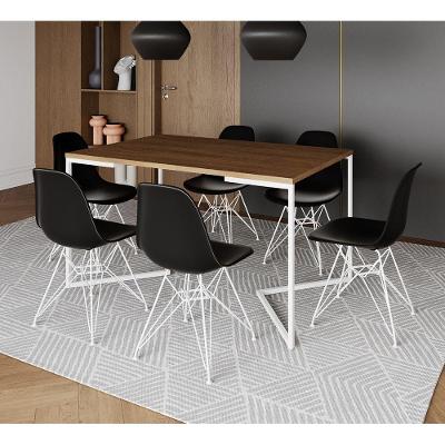 Mesa Industrial Jantar Retangular 137X90Cm Amêndoa Base V Com 6 Cadeiras Pretas Ferro B Amendoa
