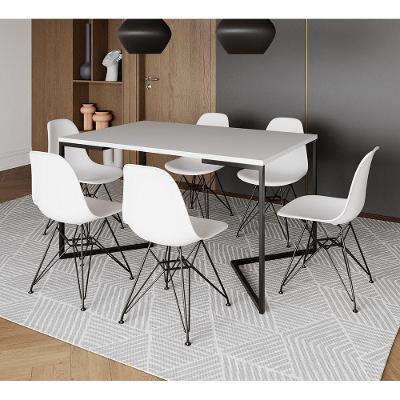 Mesa Industrial Jantar Retangular 137X90Cm Branca Base V Com 6 Cadeiras Brancas Ferro P Branco