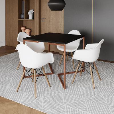 Mesa Industrial Jantar Preta Quadrada 90Cm Base Cobre V Com 4 Poltronas Brancas Madeira Preto