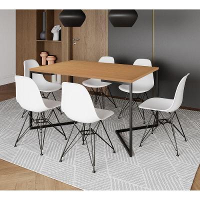 Mesa Industrial Jantar Retangular 137X90Cm Canela Base V Com 6 Cadeiras Brancas Ferro P Canela