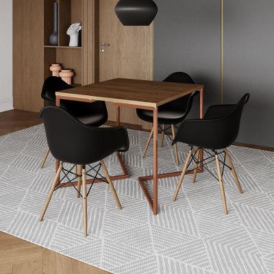 Mesa Industrial Jantar Amêndoa Quadrada 90Cm Base Cobre V Com 4 Poltronas Pretas Madeir Amendoa