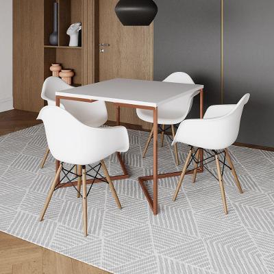 Mesa Industrial Jantar Branca Quadrada 90Cm Base Cobre V Com 4 Poltronas Brancas Madeir Branco