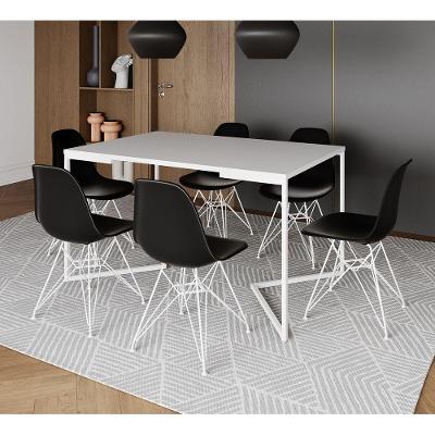 Mesa Industrial Jantar Retangular 137X90Cm Branca Base V Com 6 Cadeiras Pretas Ferro Br Branco