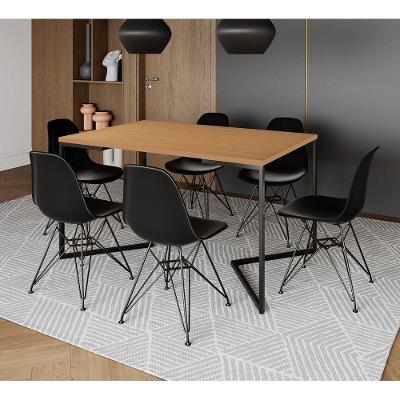 Mesa Industrial Jantar Retangular 137X90Cm Canela Base V Com 6 Cadeiras Pretas Ferro Pr Canela