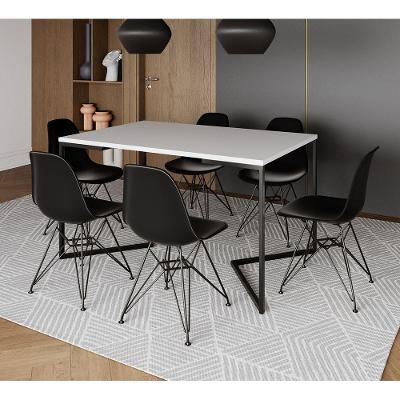 Mesa Industrial Jantar Retangular 137X90Cm Branca Base V Com 6 Cadeiras Pretas Ferro Pr Branco
