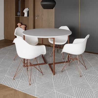 Mesa Industrial Jantar Branca 110Cm Redonda Base V Com 4 Poltronas Brancas Base Cobre Branco