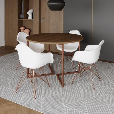 Mesa Industrial Jantar Amêndoa 110Cm Redonda Base V Com 4 Poltronas Brancas Base Cobre Amendoa