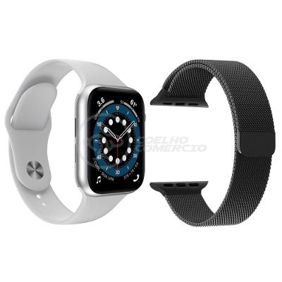 Kit 1 Relógio Smartwatch W46 S Branco + 1 Pulseira Aço Preto