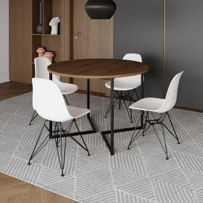 Mesa Industrial Jantar Redonda Amêndoa 110Cm Base V Com 4 Cadeiras Eames Brancas Ferro Preto Amendoa