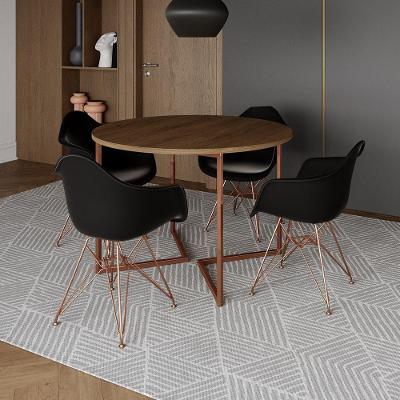Mesa Industrial Jantar Amêndoa 110Cm Redonda Base V Com 4 Poltronas Pretas Base Cobre Amendoa