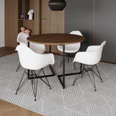 Mesa Industrial Jantar Redonda 110Cm Amêndoa Base V Com 4 Poltronas Brancas Ferro Preto Amendoa
