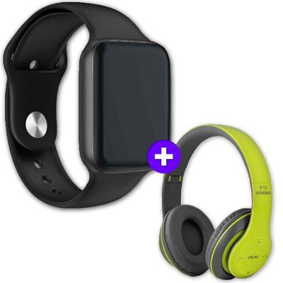 Kit Smartwatch Iwo 8 44Mm Preto + Headphone P47 Verde