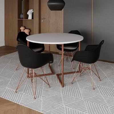 Mesa Industrial Jantar Branca 110Cm Redonda Base V Com 4 Poltronas Pretas Base Cobre Branco