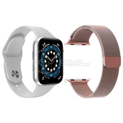 Kit 1 Relógio Smartwatch W46 S Branco + 1 Pulseira Aço Rosa
