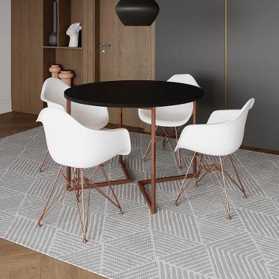 Mesa Industrial Jantar Preta 110Cm Redonda Base V Com 4 Poltronas Brancas Base Cobre Preto