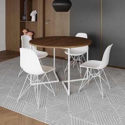 Mesa Industrial Jantar Redonda Amêndoa 110Cm Base V Com 4 Cadeiras Eames Brancas Ferro Amendoa