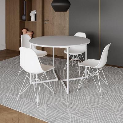 Mesa Industrial Jantar Redonda Branca 110Cm Base V Com 4 Cadeiras Eames Brancas Ferro Branco Branco