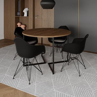 Mesa Industrial Jantar Redonda 110Cm Amêndoa Base V Com 4 Poltronas Pretas Ferro Preto Amendoa