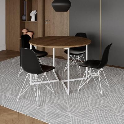 Mesa Industrial Jantar Redonda Amêndoa 110Cm Base V Com 4 Cadeiras Eames Pretas Ferro Branco Amendoa