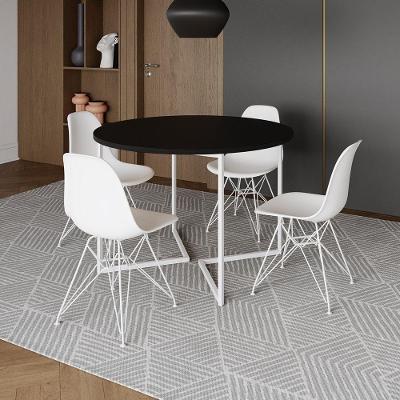 Mesa Industrial Jantar Redonda Preta 110Cm Base V Com 4 Cadeiras Eames Brancas Ferro Branco Preto